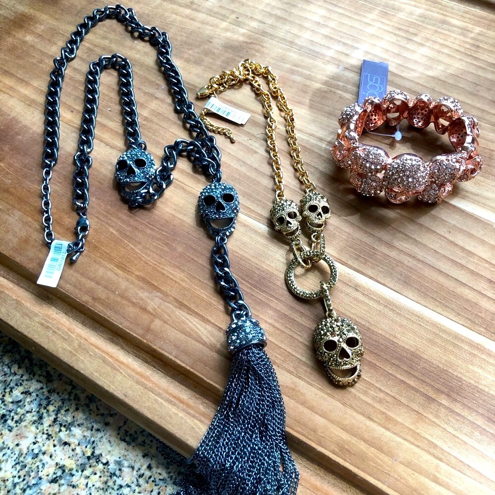 3 Pc Skull Halloween Jewelry Lot 2 Necklaces 1 Bracelet Some Imperfections